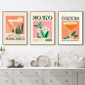Маргарита Мохито Дайкири Коктейль Бохо Плакат и принт Тропический Кайпиринья Напитки Цветные картинки для кухни Бар Клуб Настенный декор 21x30cm No Framed