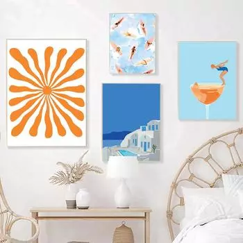 Маргарита плавает оранжевый абстрактный бассейн плавание абстрактный современный холст картина стена комната декор комнаты летний бассейн плакат печать 21x30cm No Framed