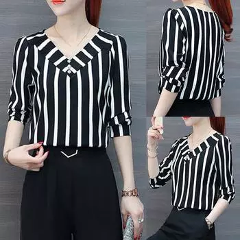 Margott женская блузка с рукавом три четверти для отдыха в полоску офисные женские рубашки топы L чёрный