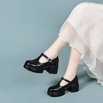 Мэри Джейн на толстой подошве женские туфли с круглым носком маленькие кожаные туфли на Т-образном ремешке в студенческом стиле маленькие одинарные туфли на маленьком толстом каблуке женские туфли 34