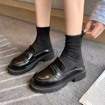 Мэри Джейн универсальна с высотными бисквитными лакированными кожаными лоферами в сочетании с юбками. Модная милая повседневная обувь. 35 чёрный