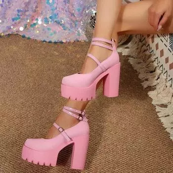 Мэри Джейн Женские туфли-лодочки Модные сексуальные туфли на толстом каблуке 14 см Женские туфли на высоком каблуке с ремешком на щиколотке Большого размера Туфли для вечеринки Mujer 40