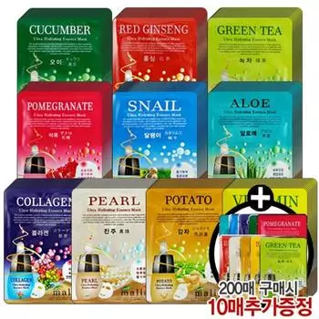 Marie Essence Mask Pack 100 листов Коллаген Улиточный жемчуг Алоэ Гранат Красный женьшень Маточное молочко Витамины Картофель Зеленый чай, 1 шт.