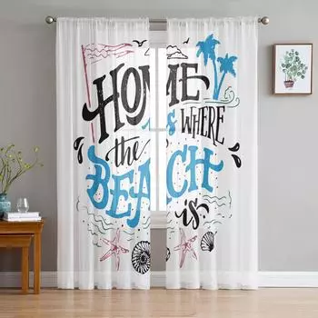 Marine Life Beach Starfish Shell Tulle Curtain Voile Transparent Tulle for Bedroom Living Room Kitchen Sheer Window Curtains W135 x H114cm