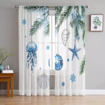 Marine Life Christmas Snowflakes Curtains For Living Room Bedroom Home Decoration Window Voile Tulle Curtain Drapes W135 x H114cm