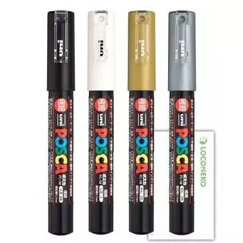 Маркер Mitsubishi Pencil на водной основе Posca PC-1M Extra Fine Black/White/Gold/Silver, набор из 4 шт. + карточка Roconeco Test Writing