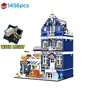Market Street Villa House Building Blocks Bricks Creative Architectural Scene Light Model Assemble Kids Toy Gift