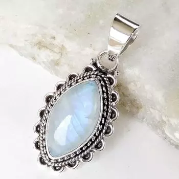Маркиза Кабошон Лунный Камень Кулон Твердый Стерлингового Серебра 925 Драгоценный Камень Бохо Кулон Ювелирные Изделия Для Женщин - 5,45 Гм