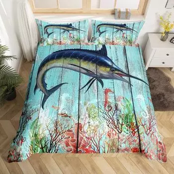 Marlin Swordfish Duvet Cover Set Queen Size Kids Ocean Fish Bedding Set Boys Girls Nautical Marine Fishing Theme Comforter Cover 135x200cm 2pcs