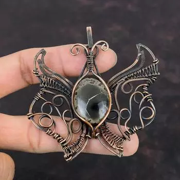 Марокканская грязевая трещина ископаемого кулона Медная проволока, обернутая драгоценным камнем Кулон Бабочка Медные украшения Уникальный кулон ручной работы Свадебный подарок