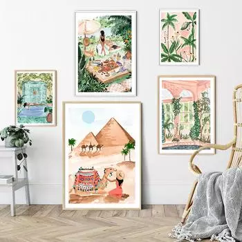 Марокканская плитка Арт Принт Плакат Ракушки Карио Франция Пикник Картина на холсте Современная модульная печать Картины Проход Украшения дома 21x30cm No Framed