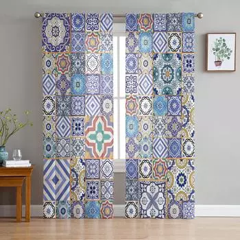 Марокканская плитка, красочные арабески, тюлевые прозрачные оконные шторы для гостиной, спальни, современная вуаль, занавески из органзы, шторы W135 x H115cm x1