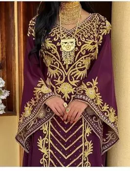 Марокканская стильная длинная абайя Дубай Исламский кафтан Фараша Платье ручной работы Платье XS винный