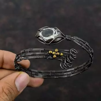 Марокканский браслет-манжета с трещинами в грязи, браслет-манжета из медной проволоки, браслет с драгоценными камнями, браслет ручной работы, регулируемый браслет, медная проволока, ювелирное изделие, подарок для нее