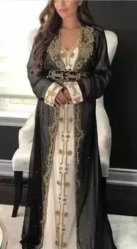 Марокканский кафтан платье длинное платье черно-белое Дубай стильная абайя фараша XS чёрный/белый