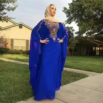 Марокканское длинное платье Дубая Абая Исламская Фараша Кафтан Стильное платье ручной работы XS синий