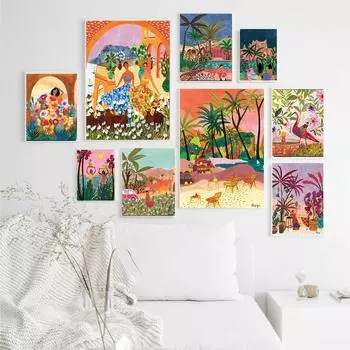 Марокко художественный принт модный танцевальный постер для девочек пастухи цветы пустыни настенная картина красная птица с женщиной холст живопись домашний декор 21*30cm