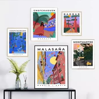 Марокко Пейзаж Плакат Африка Монмартр Испания Мадрид Город Путешествие Картина на холсте Современное настенное искусство Печать Картина для домашнего декора 21x30cm No Framed светло-серый