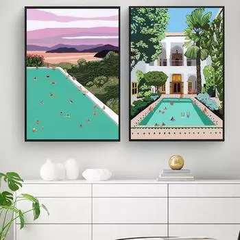 Марокко туристические плакаты плавательный бассейн художественный принт прибрежный холст картина у бассейна летний закат настенная картина для гостиной домашний декор 21*30cm