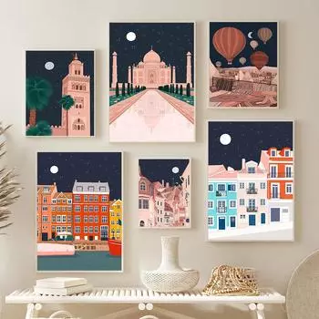 Марракеш Тадж-Махал Турция Лиссабон Путешествия Плакат Художественная печать Мечеть Марокко Ночной пейзаж Картина на холсте Настенные картины Декор 21x30cm No Framed