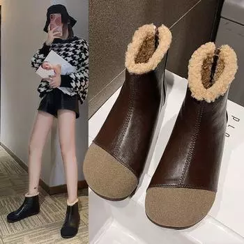 Martens Boots Womens Winter New Retro Flat Plus Cashmere Cotton Shoes Korean Patchwork Small Ankle Boots Warm Womens Shoes 35 чёрный
