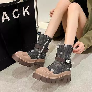 Martens для женщин рваные джинсовые ботинки Machine Car сапоги Shell Head Spice Girl Style плоские короткие мотоциклетные ботинки для женщин 35 чёрный