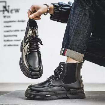 Martin boots 2025 new autumn British style waterproof high-top leather shoes men s platform locomotive black tooling boots 39 чёрный