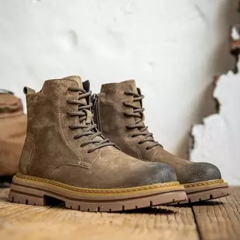 Martin boots, big yellow boots, men s 2024 new leather thick-soled winter velvet to increase height, kick not rotten tooling boots tide 38