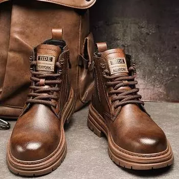 Martin boots men s 2024 autumn and winter new velvet tooling boots retro British men s high-top trendy leather cotton shoes 38