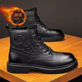 Martin boots men s 2024 winter new velvet warm mid-top boots men s leather thick-soled heightening casual tooling boots 38