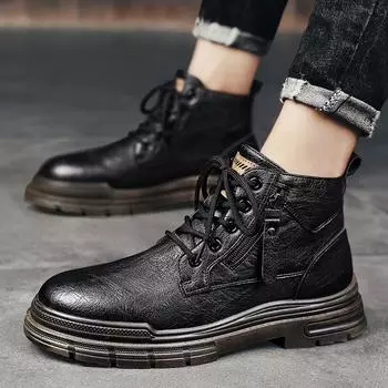 Martin boots men s 2025 new spring high-top leather boots men s thick-soled wear-resistant outdoor tooling British style short boots 39 чёрный