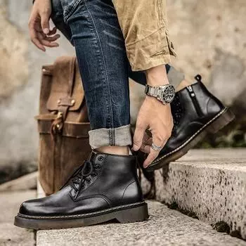 Martin boots men s autumn and winter new high-top leather shoes leather boots British style tooling boots men s trend short boots 38 чёрный