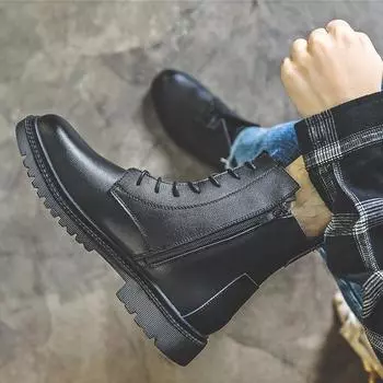 Martin boots men s high-top autumn and winter trend sewing line thick-soled Korean version of locomotive boots retro British style boots 37 чёрный