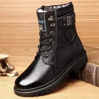 Martin boots men s high-top cowhide boots casual cotton shoes winter velvet thermal tooling boots medium boots 38 чёрный