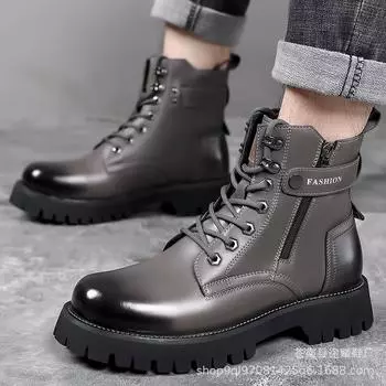 Martin boots men s high-top new winter wool velvet British wind mid-top leather shoes thick-soled heightening tooling boots 38 серый