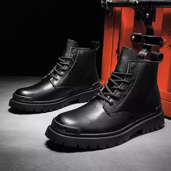 Martin boots men s leather autumn high-top British style short boots medium-top tooling men s shoes trendy winter velvet snow boots 36