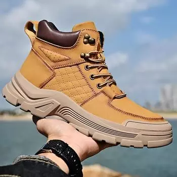 Martin boots men s leather thick-soled high-top casual velvet thermal cotton shoes tooling boots 38 коричневый