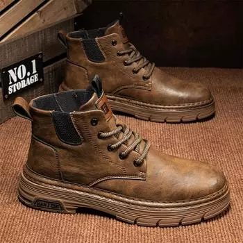 Martin boots men s shoes autumn high-top British style casual super leather men s thick-soled brown outdoor tooling short boots 39