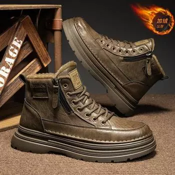 Martin boots men s shoes winter British style casual leather shoes velvet thermal cotton shoes waterproof and non-slip locomotive tooling boots 39 коричневый