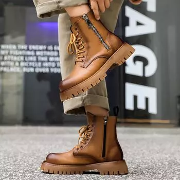 Martin boots men s side zipper street retro trendy boots high top Martin boots men s boots autumn new men s short boots 38 коричневый