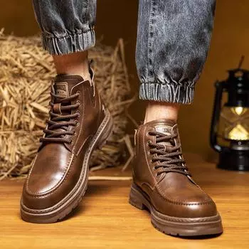 Martin boots men s winter leather British style high-top leather shoes men s thick-soled velvet short boots medium-top tooling men s shoes 38
