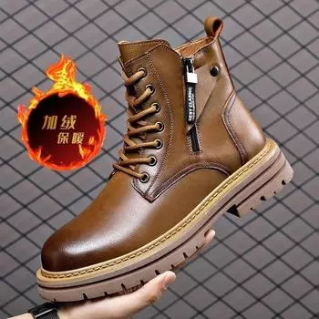 Martin boots men s winter new retro trend thick-soled tooling leather boots men s short boots high-top leather velvet cotton shoes 38
