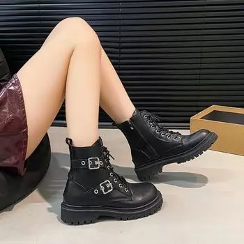 Martin boots new round head thick heel handsome leather boots British style metal buckle knight boots women 36