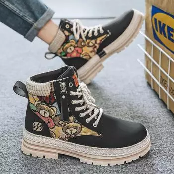 Martin boots retro thick-soled high-top splicing straw knitting tooling boots British style outdoor leisure trend men s shoes autumn and winter 39