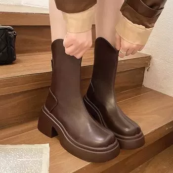 Ботинки Martin женские 2024 осень и зима новые V-образные с толстым каблуком тонкие короткие сапоги высокие сапоги рыцарские сапоги на толстой подошве обувь 35 бежевый