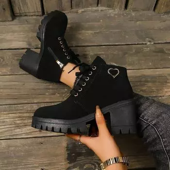 Martin boots women s 2024 autumn and winter retro casual high-heeled lace-up side zipper fashion trendy round-head thick-heeled short boots 35 чёрный