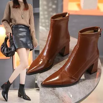 Martin boots women s 2024 new women s boots winter Korean version pointed rear zipper short boots women s thick heel medium heel fashion boots 34 чёрный
