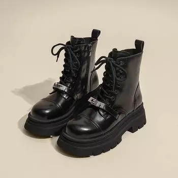 Martin boots women s 2025 new British style tooling medium boots autumn black short boots thick-soled heightening locomotive boots 35 чёрный