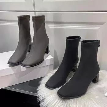 Martin boots women s autumn 2025 new square head thick heel elastic zipper thin boots high heels short boots women s boots 35 чёрный