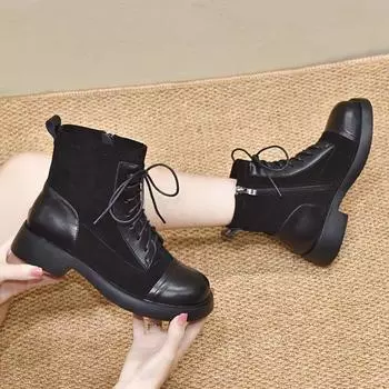 Martin boots women s autumn and winter new round head straps flat-bottomed locomotive boots knight boots leather boots sheepskin zipper bare boots 34